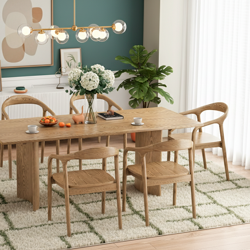 Traditional Chinese North American Ash Wood Dining Table Set - Rectangular Dining Table Curved Back Chairs For Dining Room & Kitchen Lumendat