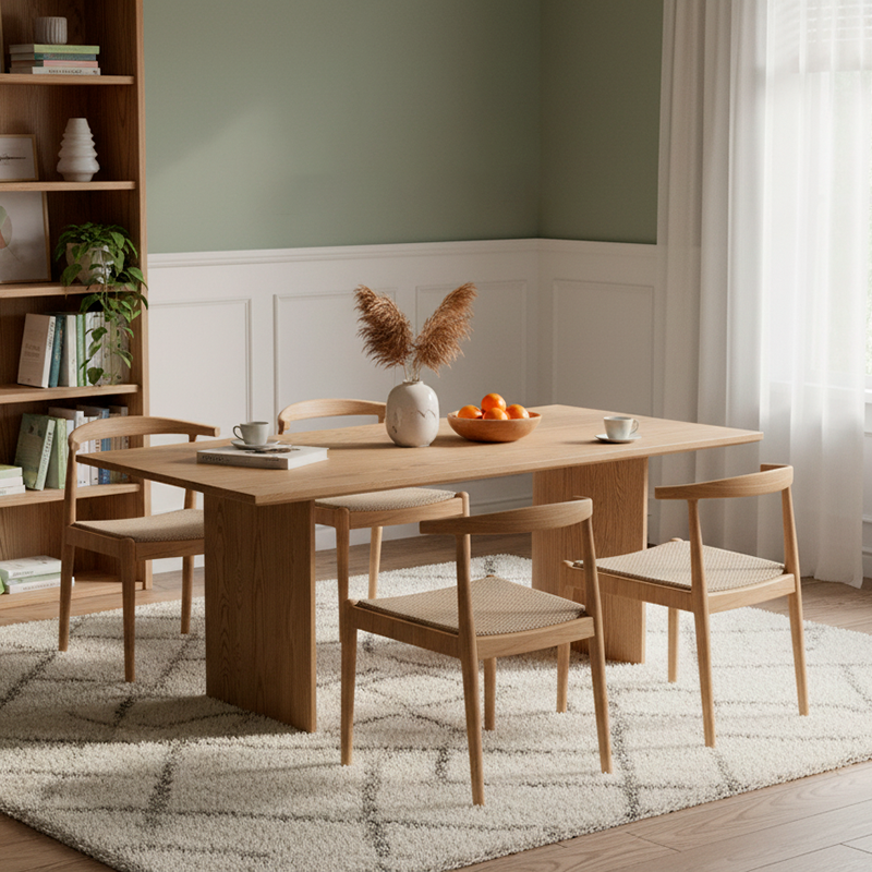 Traditional Chinese North American Ash Wood Dining Table Set - Rectangular Dining Table Curved Back Chairs For Dining Room & Kitchen Lumendat