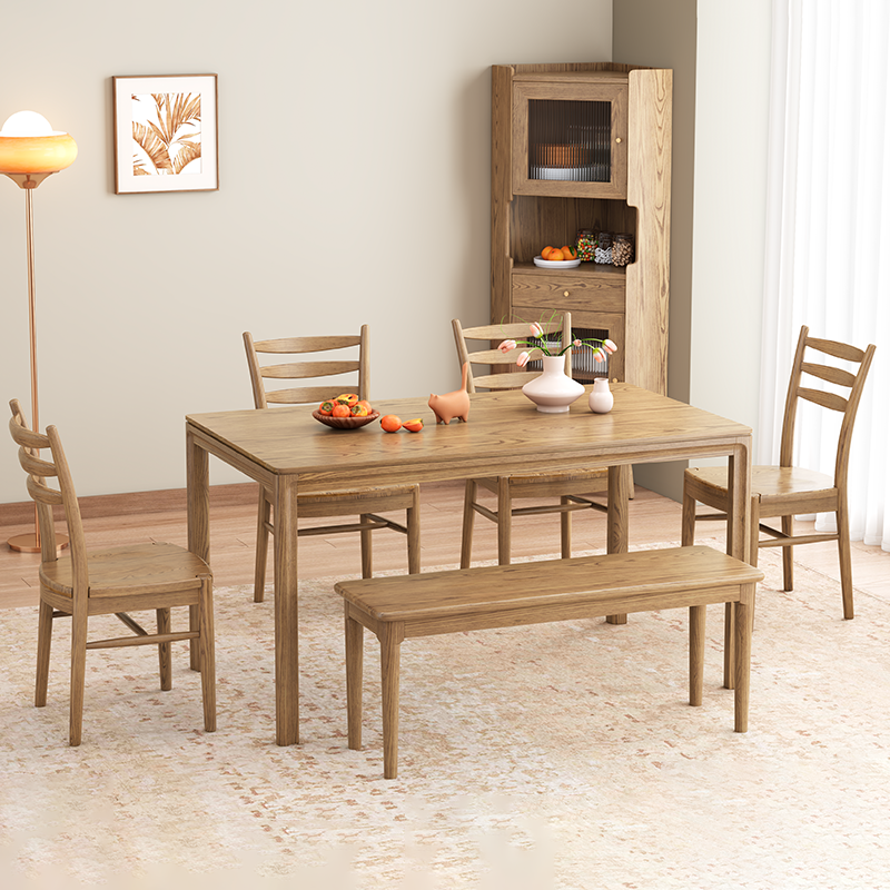 Contemporary Scandinavian North American Ash Wood Dining Table Set - Rectangular Dining Table Ladder Back Chairs For Dining Room & Kitchen Lumendat