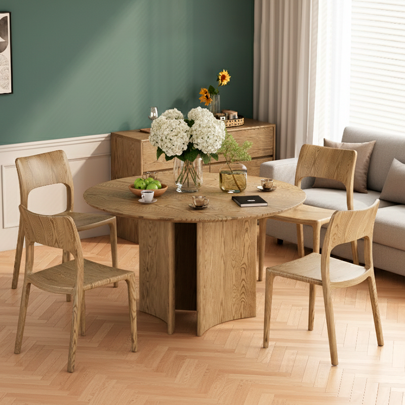 Traditional Chinese North American Ash Wood Dining Table Set - Round Dining Table Hollow Design Back Chairs For Dining Room & Kitchen Lumendat