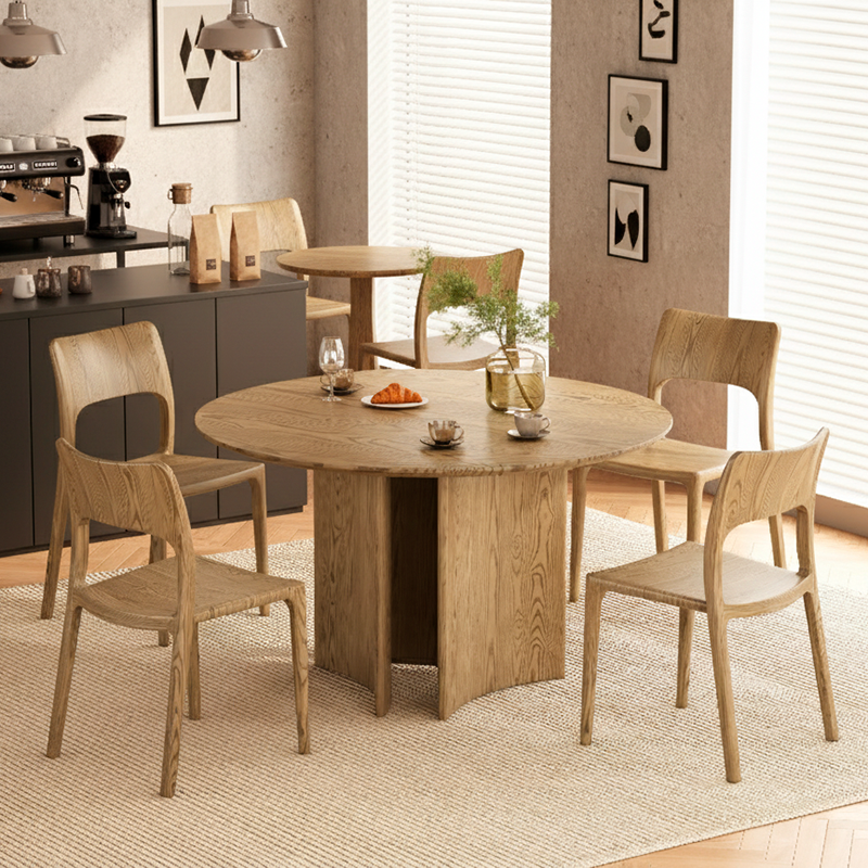 Traditional Chinese North American Ash Wood Dining Table Set - Round Dining Table Hollow Design Back Chairs For Dining Room & Kitchen Lumendat