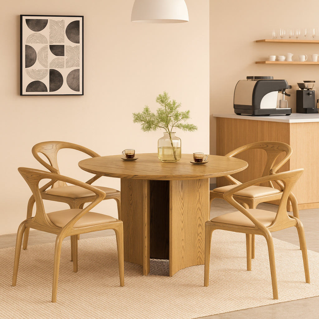 Contemporary Scandinavian North American Ash Wood Dining Table Set - Round Dining Table Curved Back Chairs For Dining Room Lumendat
