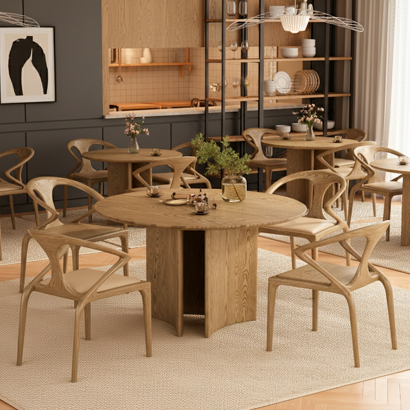 Contemporary Scandinavian North American Ash Wood Dining Table Set - Round Dining Table Curved Back Chairs For Dining Room Lumendat