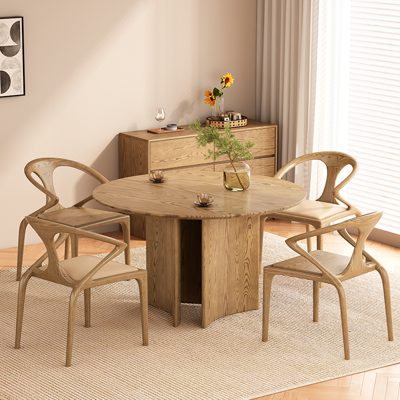 Contemporary Scandinavian North American Ash Wood Dining Table Set - Round Dining Table Curved Back Chairs For Dining Room Lumendat