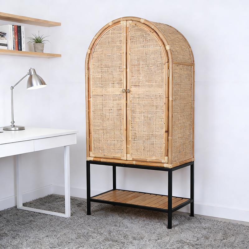 Contemporary Boho Handwoven Indonesian Rattan Solid Wood Iron Storage Cabinet - Arched Cabinet With Breathable Woven For Living Room Lumendat