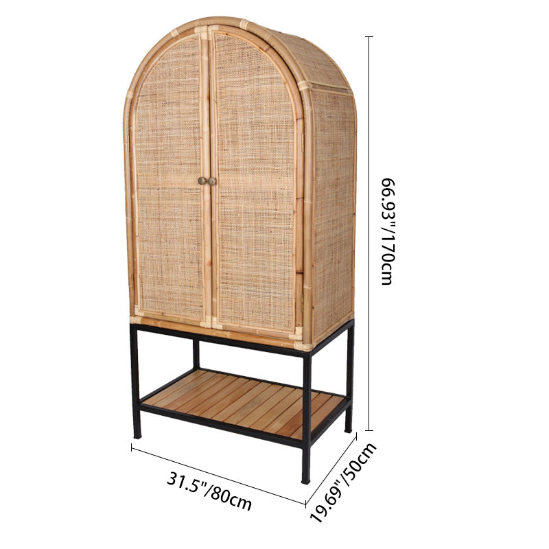 Contemporary Boho Handwoven Indonesian Rattan Solid Wood Iron Storage Cabinet - Arched Cabinet With Breathable Woven For Living Room Lumendat