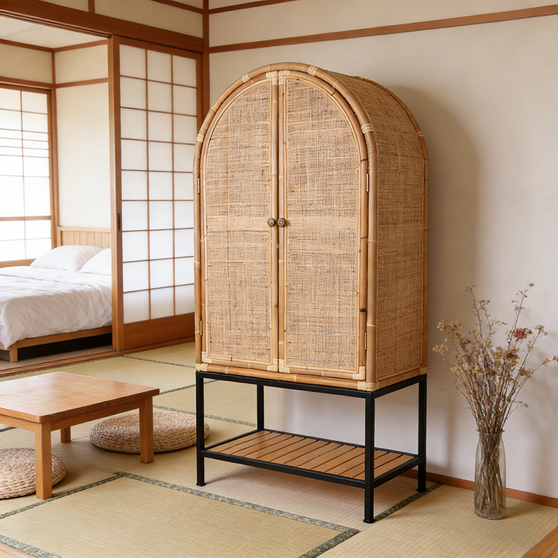 Contemporary Boho Handwoven Indonesian Rattan Solid Wood Iron Storage Cabinet - Arched Cabinet With Breathable Woven For Living Room Lumendat