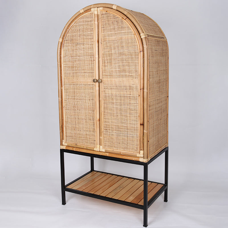 Contemporary Boho Handwoven Indonesian Rattan Solid Wood Iron Storage Cabinet - Arched Cabinet With Breathable Woven For Living Room Lumendat