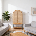 Contemporary Boho Handwoven Indonesian Rattan Solid Wood Iron Storage Cabinet - Arched Cabinet With Breathable Woven For Living Room Lumendat