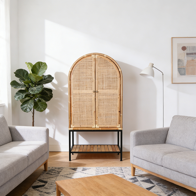 Contemporary Boho Handwoven Indonesian Rattan Solid Wood Iron Storage Cabinet - Arched Cabinet With Breathable Woven For Living Room Lumendat
