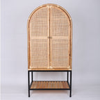 Contemporary Boho Handwoven Indonesian Rattan Solid Wood Iron Storage Cabinet - Arched Cabinet With Breathable Woven For Living Room Lumendat