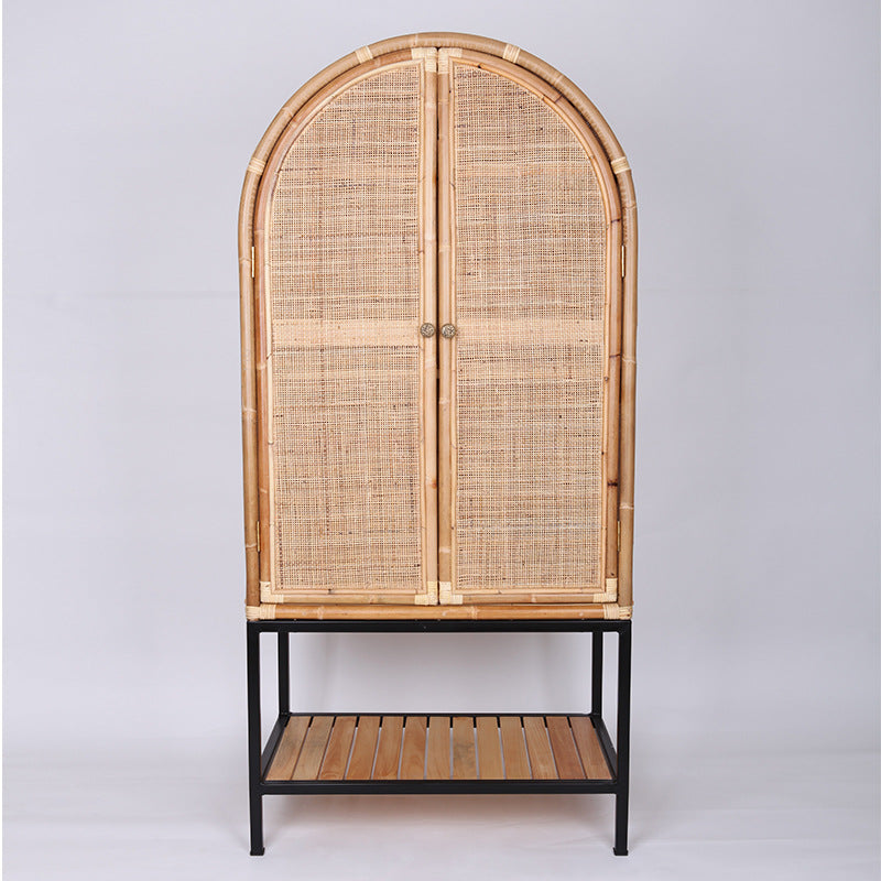Contemporary Boho Handwoven Indonesian Rattan Solid Wood Iron Storage Cabinet - Arched Cabinet With Breathable Woven For Living Room Lumendat