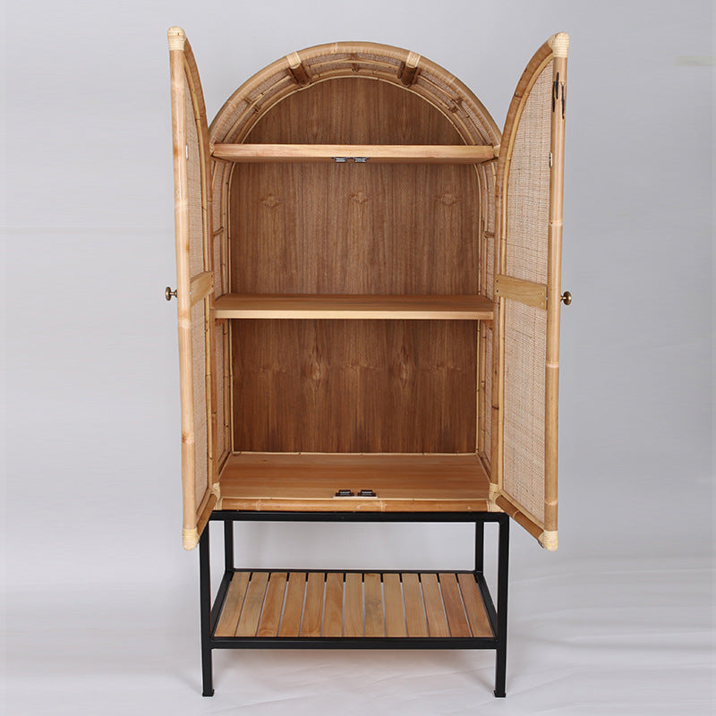 Contemporary Boho Handwoven Indonesian Rattan Solid Wood Iron Storage Cabinet - Arched Cabinet With Breathable Woven For Living Room Lumendat