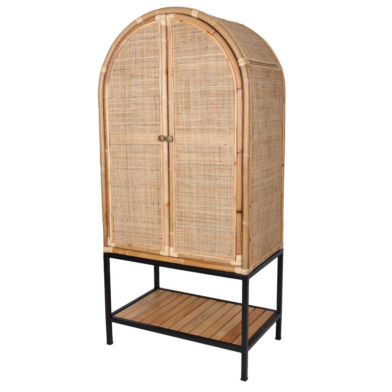 Contemporary Boho Handwoven Indonesian Rattan Solid Wood Iron Storage Cabinet - Arched Cabinet With Breathable Woven For Living Room Lumendat