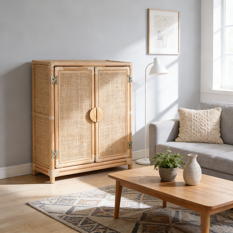 Contemporary Boho Handwoven Indonesian Rattan Solid Wood Storage Cabinet - Rectangular Low Profile Cabinet For Living Room Lumendat