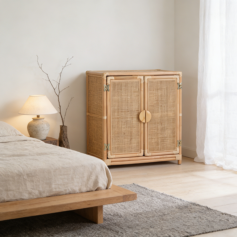 Contemporary Boho Handwoven Indonesian Rattan Solid Wood Storage Cabinet - Rectangular Low Profile Cabinet For Living Room Lumendat
