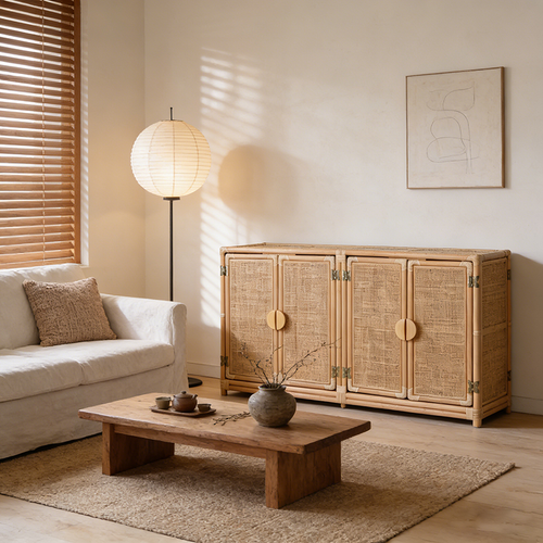 Contemporary Boho Handwoven Indonesian Rattan Solid Wood Storage Cabinet - Rectangular Low Profile Cabinet For Living Room Lumendat
