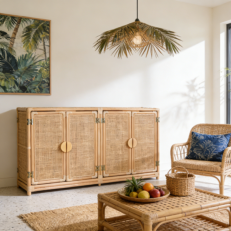 Contemporary Boho Handwoven Indonesian Rattan Solid Wood Storage Cabinet - Rectangular Low Profile Cabinet For Living Room Lumendat