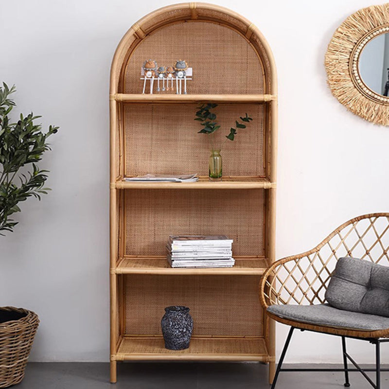 Contemporary Boho Handwoven Indonesian Rattan Solid Wood Storage Shelf - Arched Open 4-Tier Display Cabinet For Living Room Lumendat