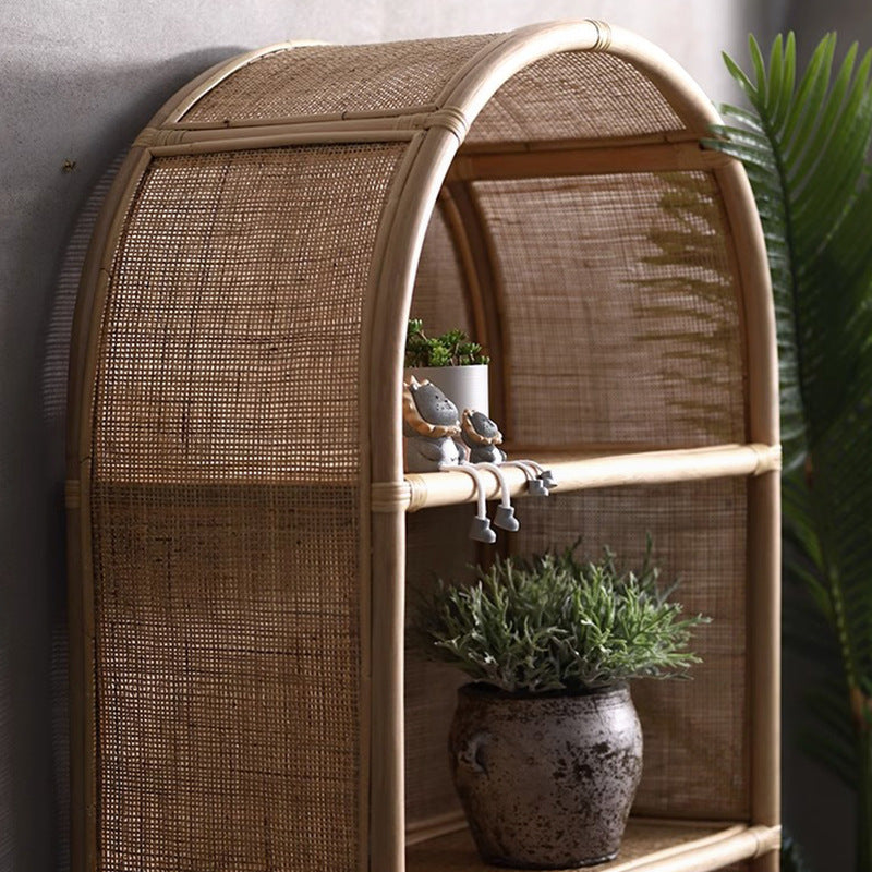 Contemporary Boho Handwoven Indonesian Rattan Solid Wood Storage Shelf - Arched Open 4-Tier Display Cabinet For Living Room Lumendat