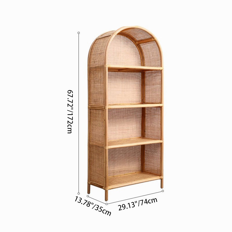 Contemporary Boho Handwoven Indonesian Rattan Solid Wood Storage Shelf - Arched Open 4-Tier Display Cabinet For Living Room Lumendat