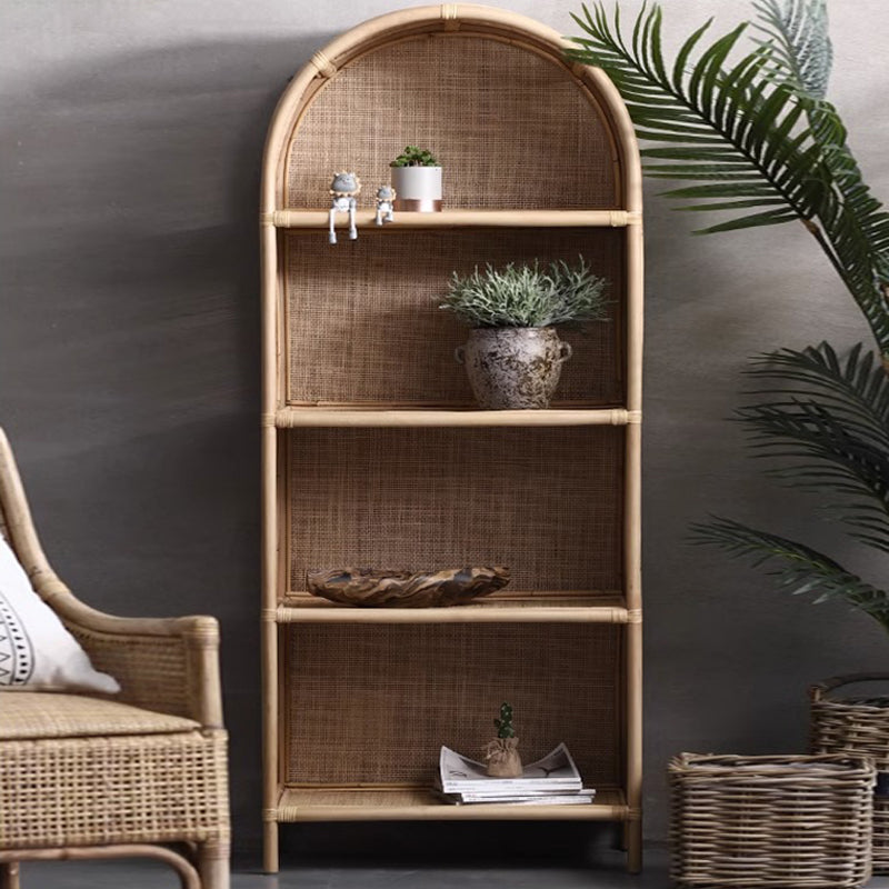 Contemporary Boho Handwoven Indonesian Rattan Solid Wood Storage Shelf - Arched Open 4-Tier Display Cabinet For Living Room Lumendat