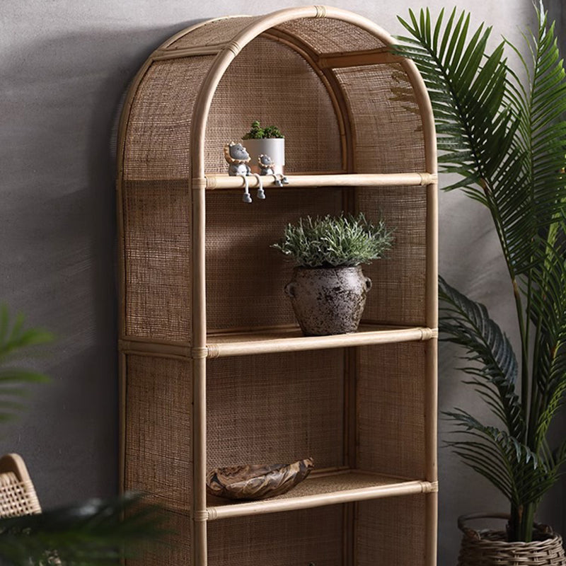Contemporary Boho Handwoven Indonesian Rattan Solid Wood Storage Shelf - Arched Open 4-Tier Display Cabinet For Living Room Lumendat