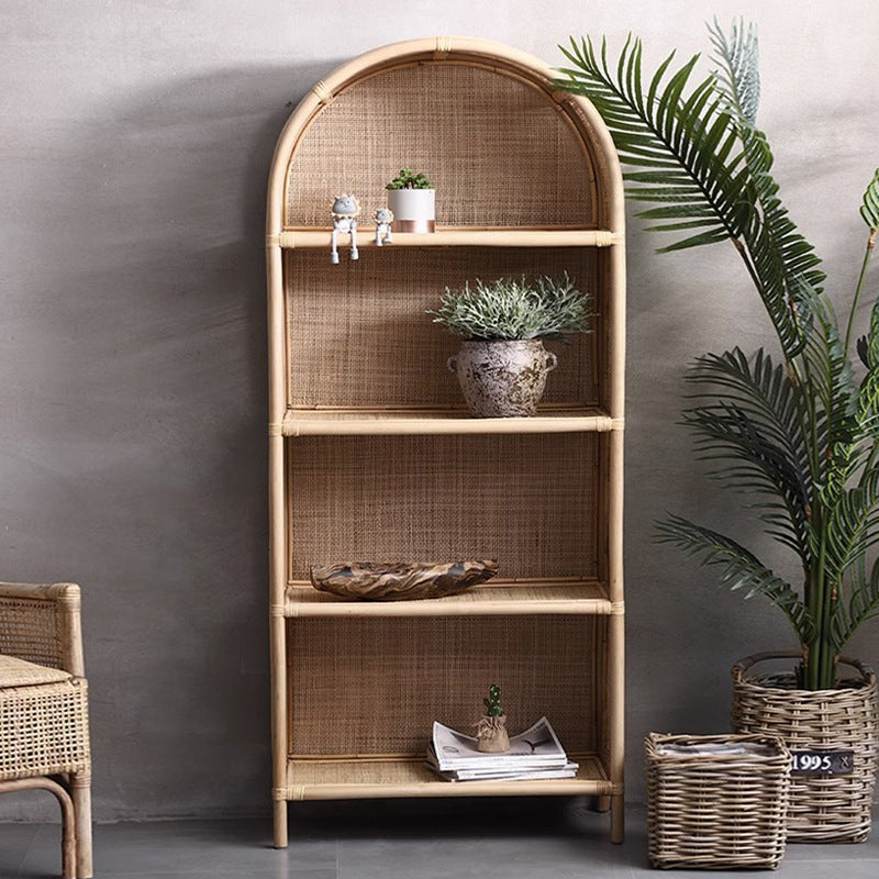 Contemporary Boho Handwoven Indonesian Rattan Solid Wood Storage Shelf - Arched Open 4-Tier Display Cabinet For Living Room Lumendat
