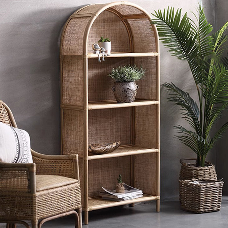 Contemporary Boho Handwoven Indonesian Rattan Solid Wood Storage Shelf - Arched Open 4-Tier Display Cabinet For Living Room Lumendat
