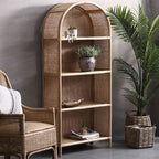 Contemporary Boho Handwoven Indonesian Rattan Solid Wood Storage Shelf - Arched Open 4-Tier Display Cabinet For Living Room Lumendat