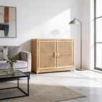 Contemporary Boho Natural Rattan Wooden Storage Cabinet - Rectangular Handwoven Indonesian Rattan Storage Unit For Living Room Lumendat