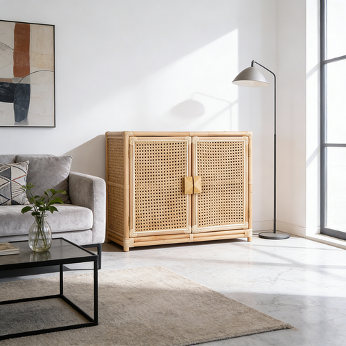 Contemporary Boho Natural Rattan Wooden Storage Cabinet - Rectangular Handwoven Indonesian Rattan Storage Unit For Living Room Lumendat
