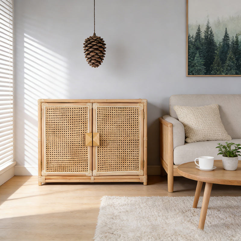 Contemporary Boho Natural Rattan Wooden Storage Cabinet - Rectangular Handwoven Indonesian Rattan Storage Unit For Living Room Lumendat