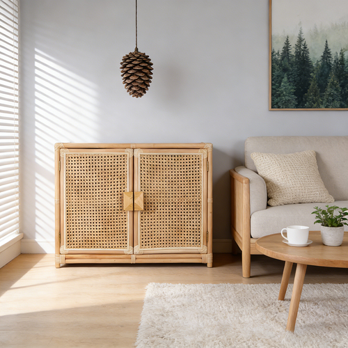 Contemporary Boho Natural Rattan Wooden Storage Cabinet - Rectangular Handwoven Indonesian Rattan Storage Unit For Living Room Lumendat