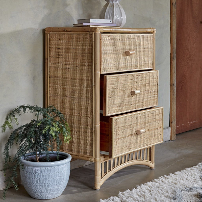 Contemporary Boho Natural Rattan Wooden Storage Cabinet - Rectangular 3-Drawer Handwoven Indonesian Rattan Storage Unit For Living Room Lumendat