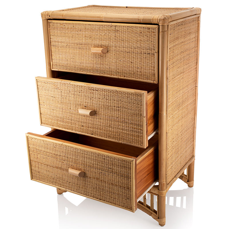 Contemporary Boho Natural Rattan Wooden Storage Cabinet - Rectangular 3-Drawer Handwoven Indonesian Rattan Storage Unit For Living Room Lumendat