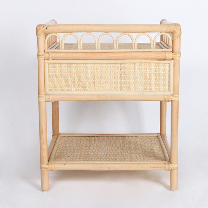 Contemporary Coastal Natural Rattan Handwoven Indonesian Rattan Nightstand - Rectangular Curved Drawer & Open Shelf For Bedroom Lumendat