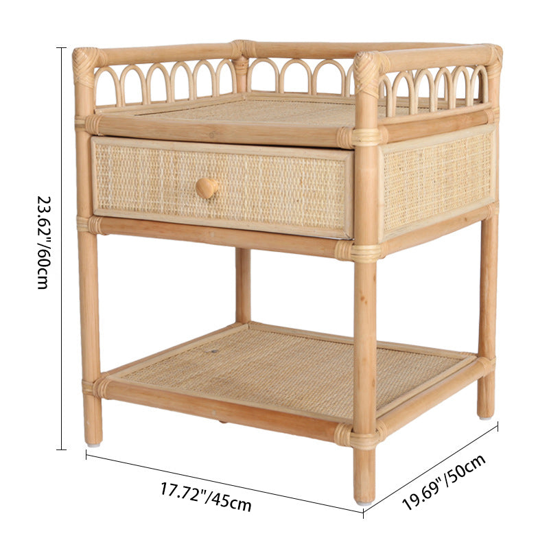 Contemporary Coastal Natural Rattan Handwoven Indonesian Rattan Nightstand - Rectangular Curved Drawer & Open Shelf For Bedroom Lumendat