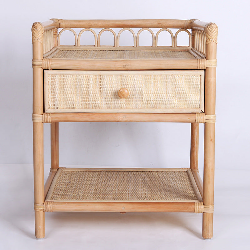 Contemporary Coastal Natural Rattan Handwoven Indonesian Rattan Nightstand - Rectangular Curved Drawer & Open Shelf For Bedroom Lumendat