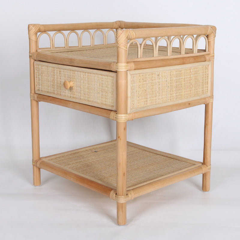 Contemporary Coastal Natural Rattan Handwoven Indonesian Rattan Nightstand - Rectangular Curved Drawer & Open Shelf For Bedroom Lumendat