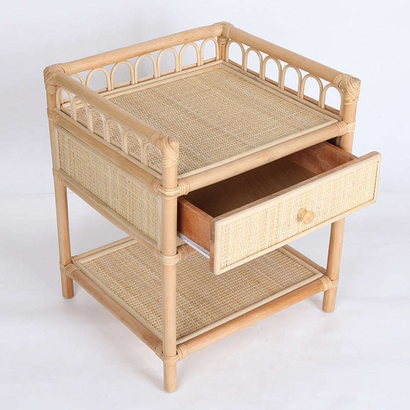 Contemporary Coastal Natural Rattan Handwoven Indonesian Rattan Nightstand - Rectangular Curved Drawer & Open Shelf For Bedroom Lumendat