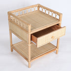 Contemporary Coastal Natural Rattan Handwoven Indonesian Rattan Nightstand - Rectangular Curved Drawer & Open Shelf For Bedroom Lumendat