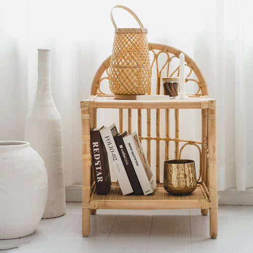 Contemporary Coastal Natural Rattan Handwoven Indonesian Rattan Side Table - Curved With V-Pattern Weave End Table For Living Room Lumendat