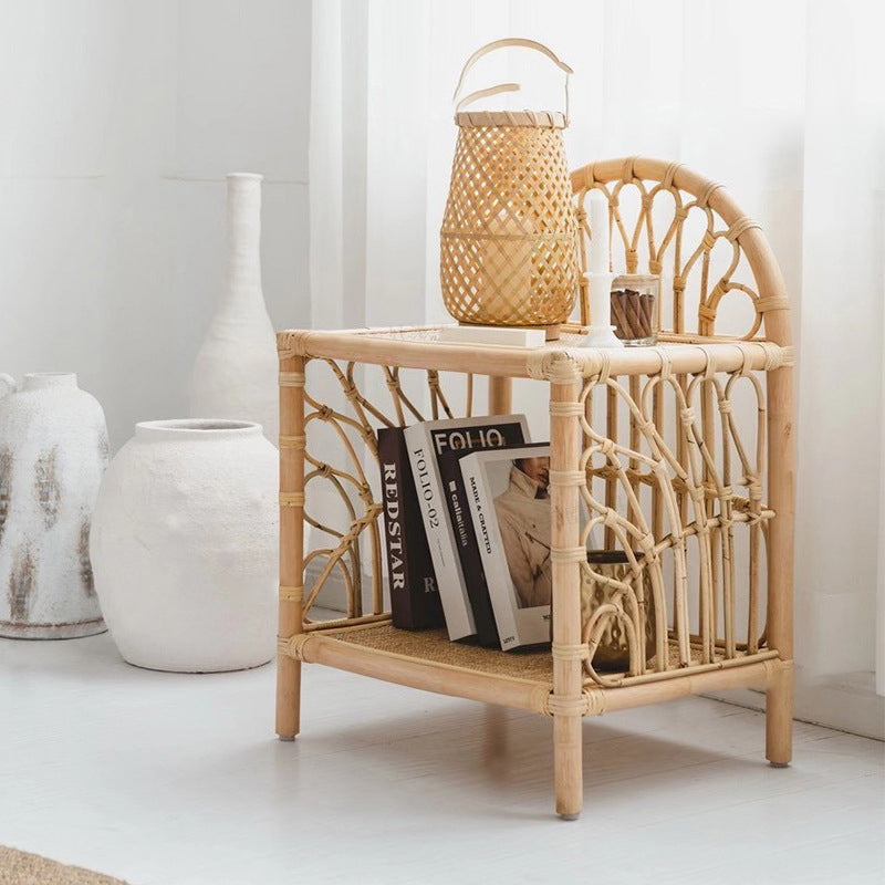 Contemporary Coastal Natural Rattan Handwoven Indonesian Rattan Side Table - Curved With V-Pattern Weave End Table For Living Room Lumendat