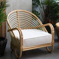 Contemporary Boho Natural Rattan Accent Chair - Curved Handwoven Indonesian Rattan Armchair With Waterproof Fabric Cushion For Living Room Lumendat