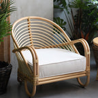 Contemporary Boho Natural Rattan Accent Chair - Curved Handwoven Indonesian Rattan Armchair With Waterproof Fabric Cushion For Living Room Lumendat