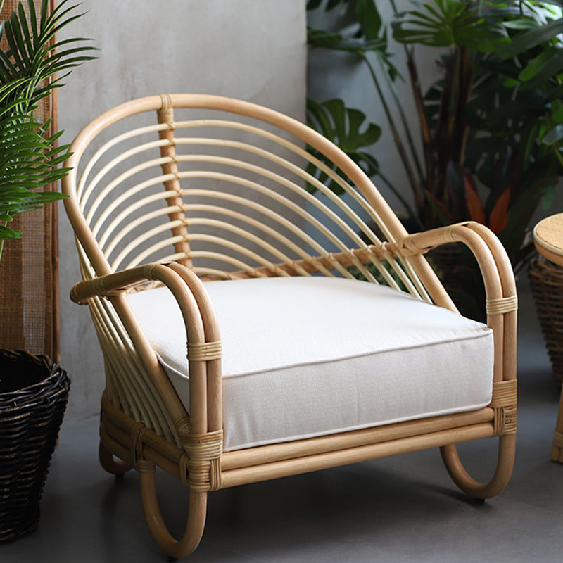 Contemporary Boho Natural Rattan Accent Chair - Curved Handwoven Indonesian Rattan Armchair With Waterproof Fabric Cushion For Living Room Lumendat