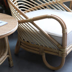 Contemporary Boho Natural Rattan Accent Chair - Curved Handwoven Indonesian Rattan Armchair With Waterproof Fabric Cushion For Living Room Lumendat