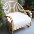 Contemporary Boho Natural Rattan Accent Chair - Curved Handwoven Indonesian Rattan Armchair With Waterproof Fabric Cushion For Living Room Lumendat