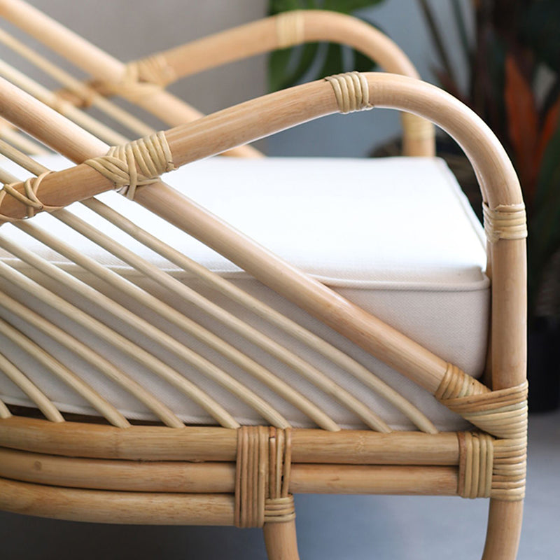 Contemporary Boho Natural Rattan Accent Chair - Curved Handwoven Indonesian Rattan Armchair With Waterproof Fabric Cushion For Living Room Lumendat